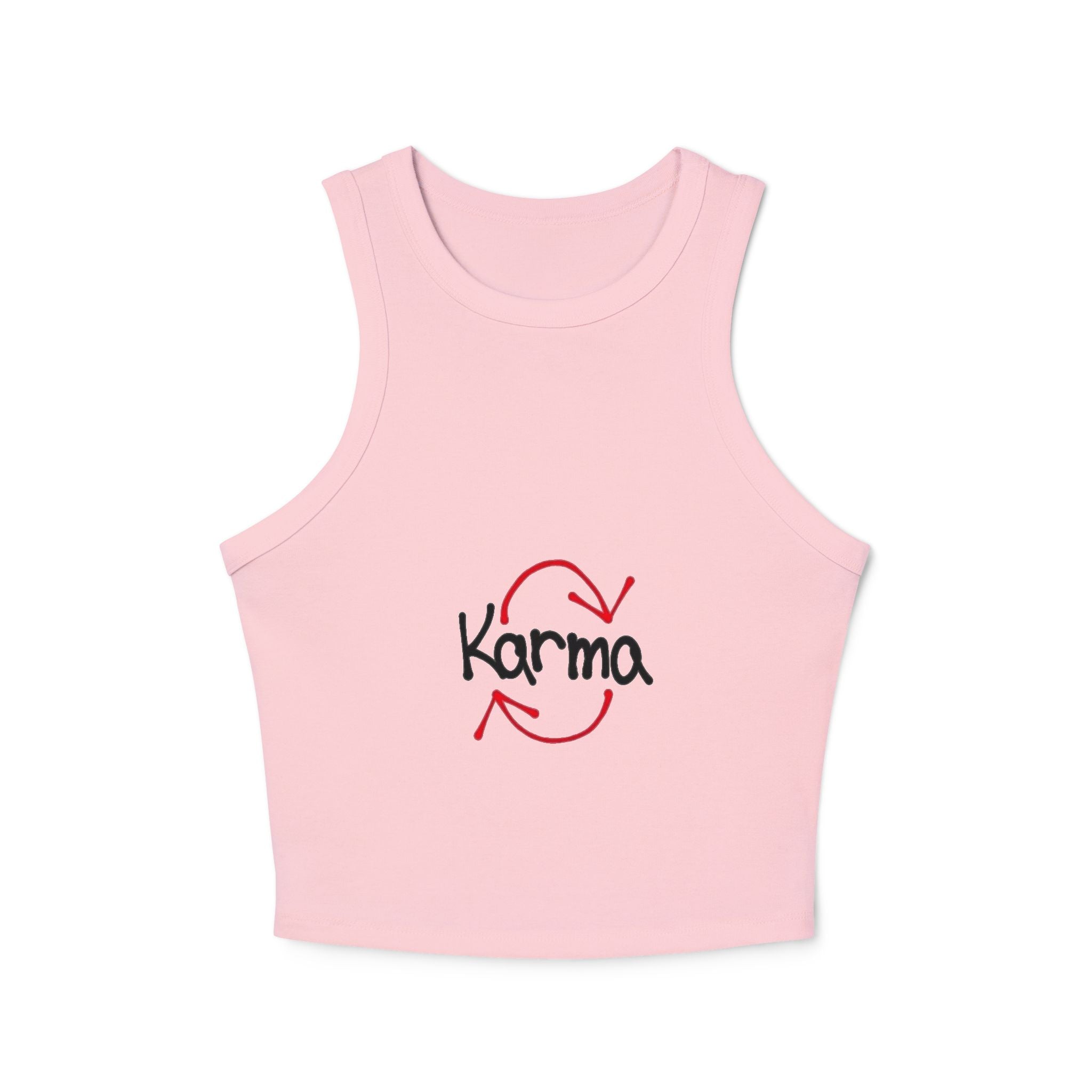 Karma Graphic Racer Tank Top — Women's Cropped Micro-Rib Tank