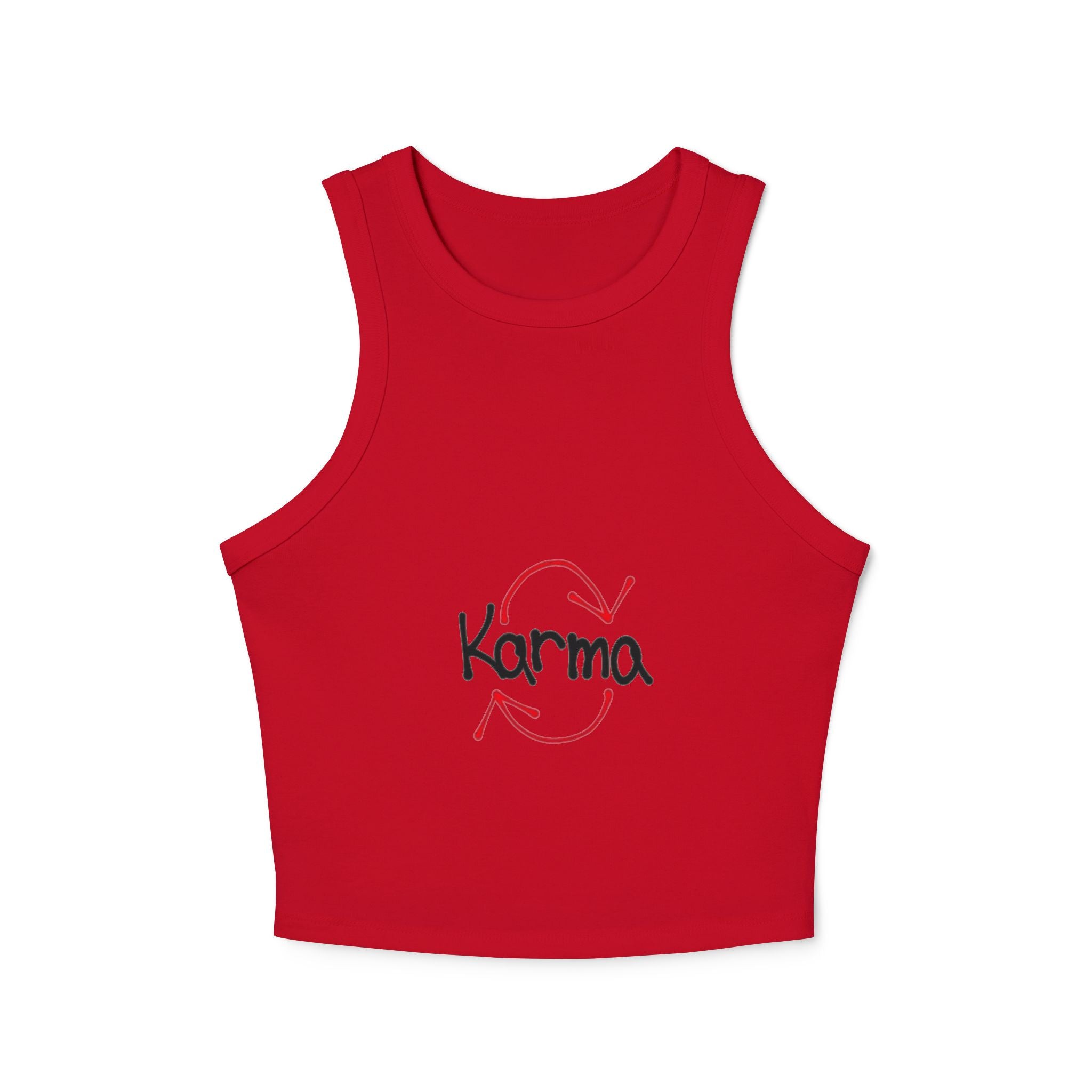 Karma Graphic Racer Tank Top — Women's Cropped Micro-Rib Tank