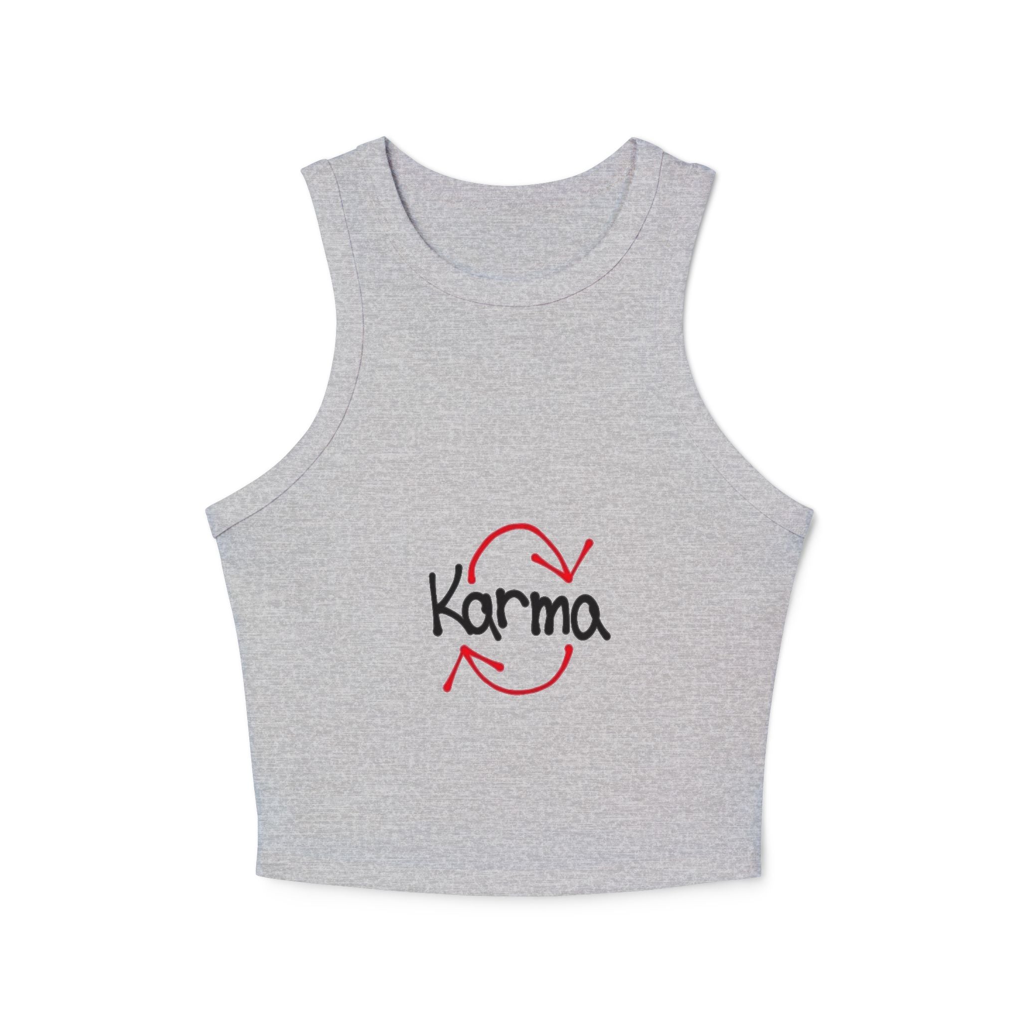 Karma Graphic Racer Tank Top — Women's Cropped Micro-Rib Tank
