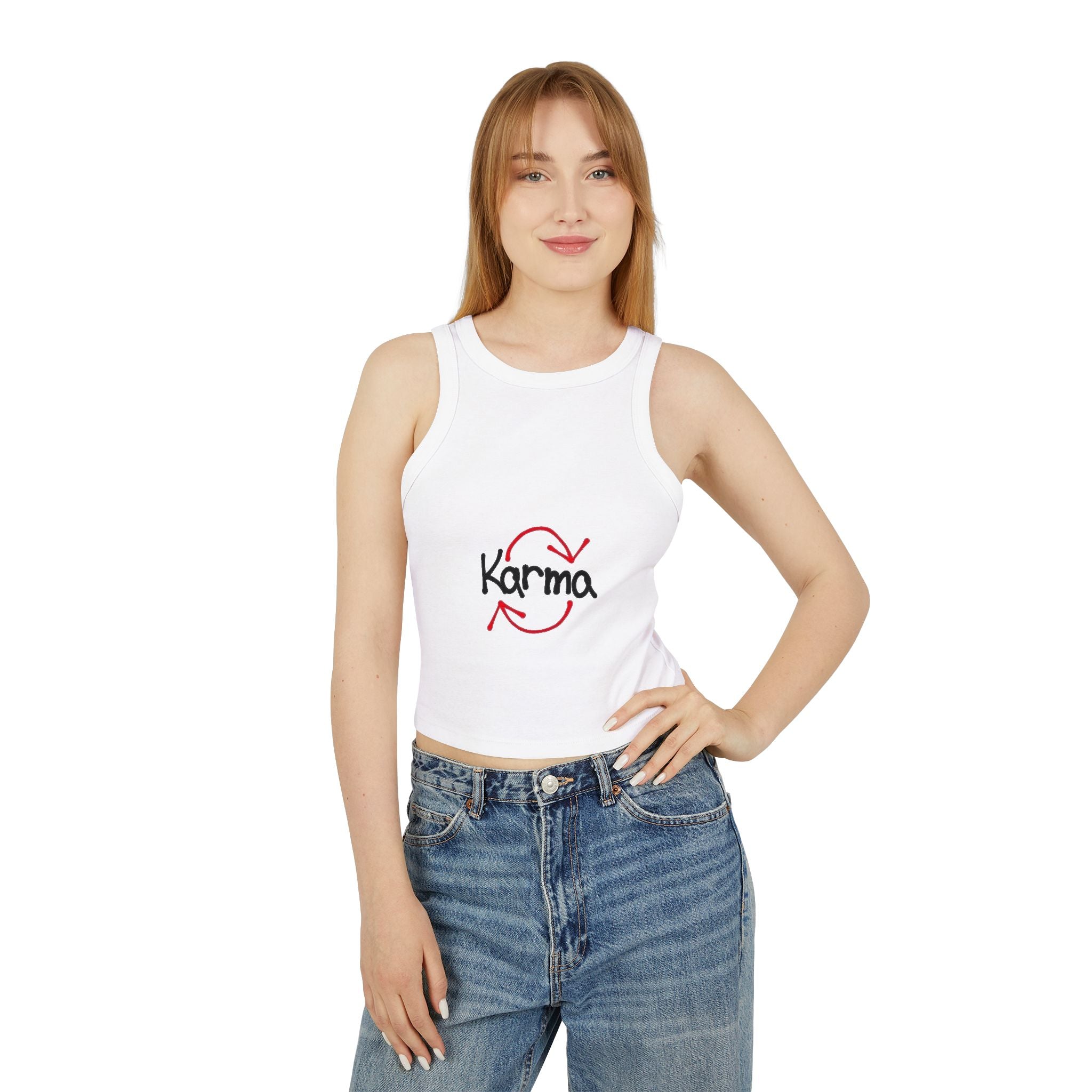 Karma Graphic Racer Tank Top — Women's Cropped Micro-Rib Tank